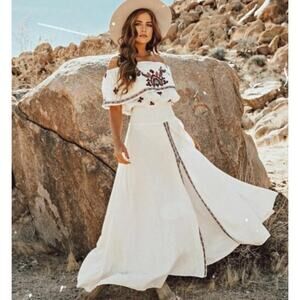 RAGA Off the Shoulder Ruffle Embroidered Maxi Dress Ivory Medium